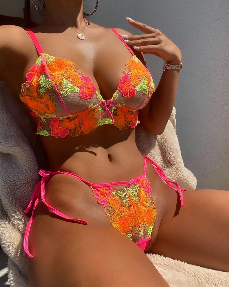 

Embroidery Floral Tied Detail Lace Lingerie Set, Orange