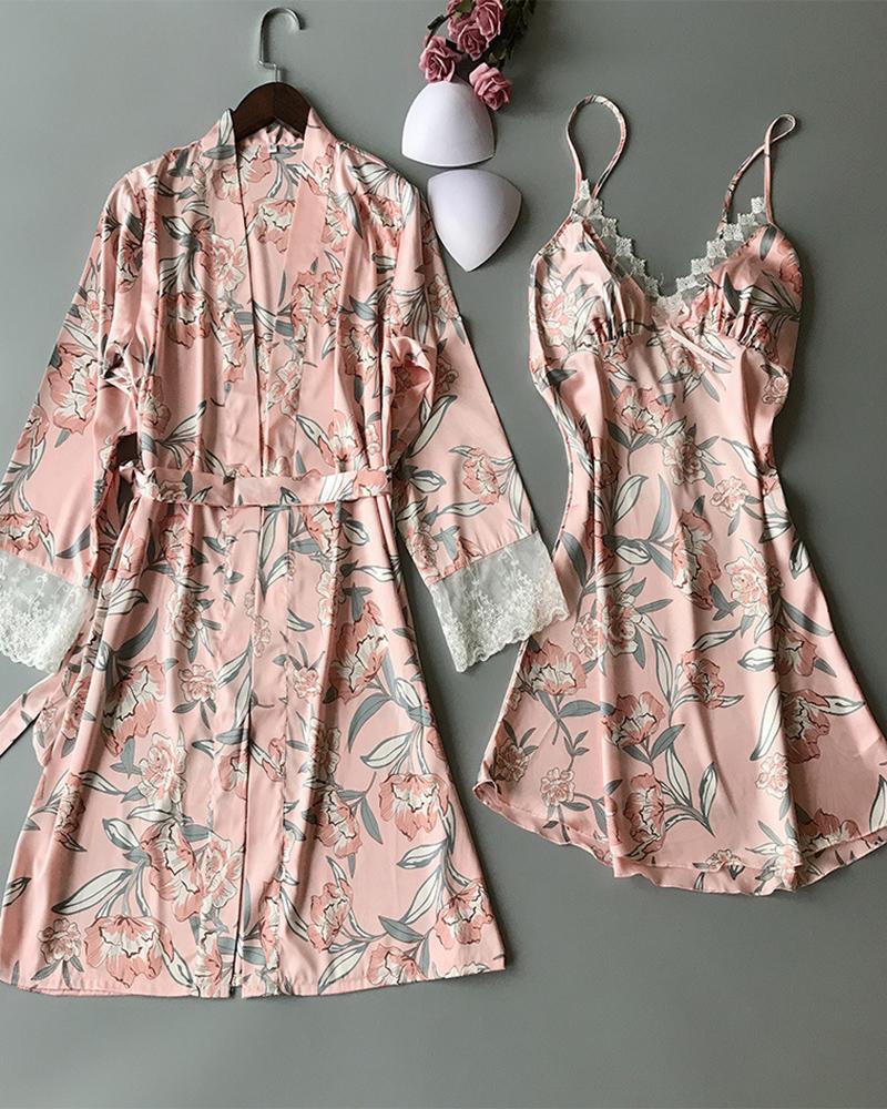 

Floral Print V-neck Lace Trim Cami Dress & Robe Set, Pink