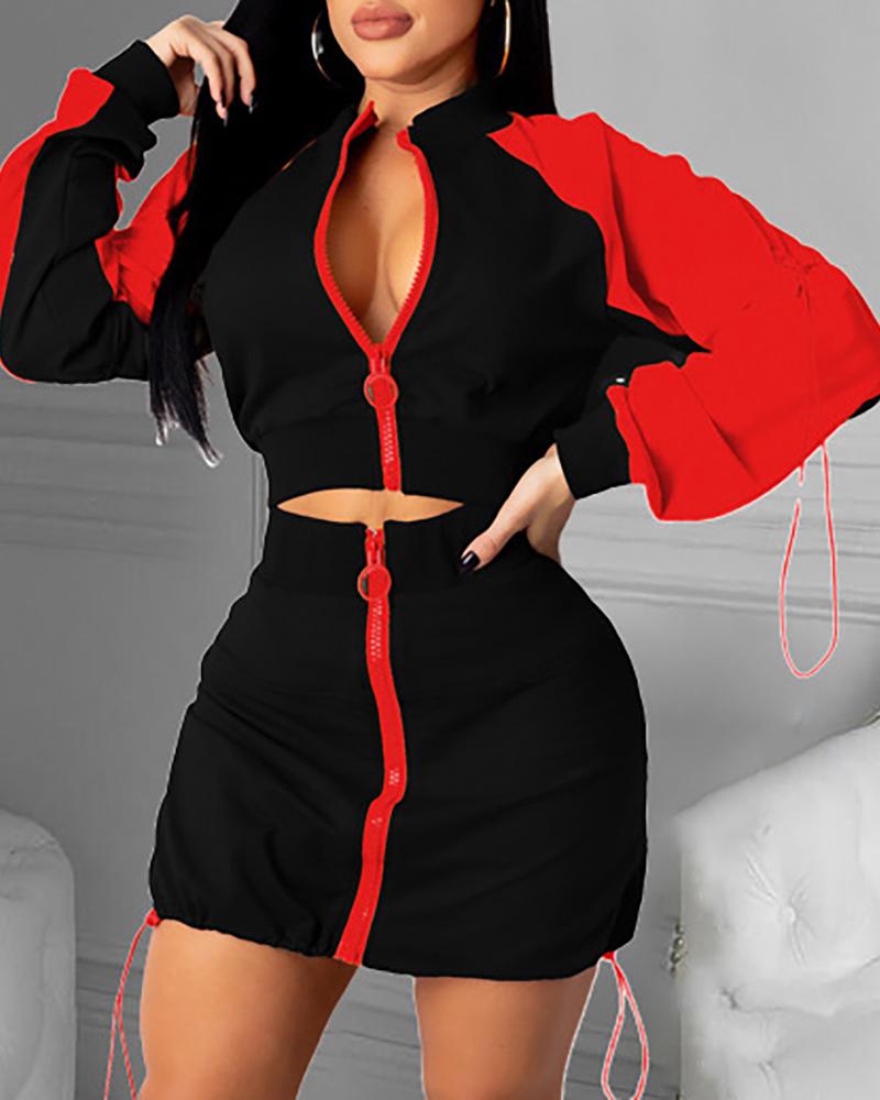 

Zipper Design Colorblock Top & Skirt Set, Black