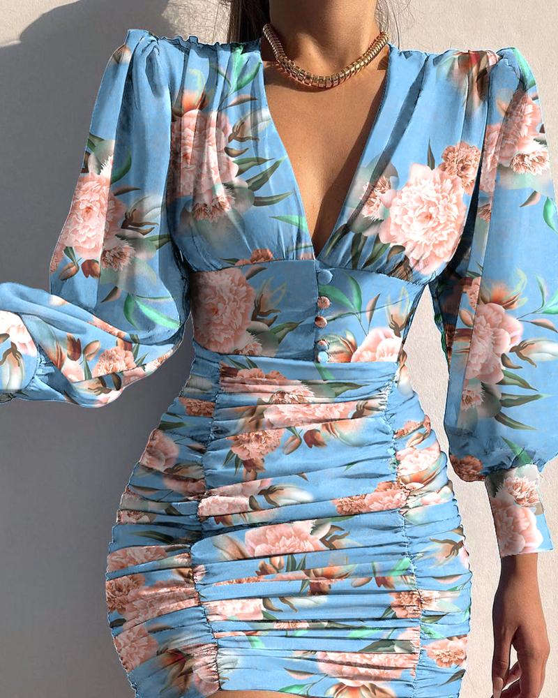 

Puff Lantern Sleeve Floral Print Button Ruched Bodycon Dress, Blue