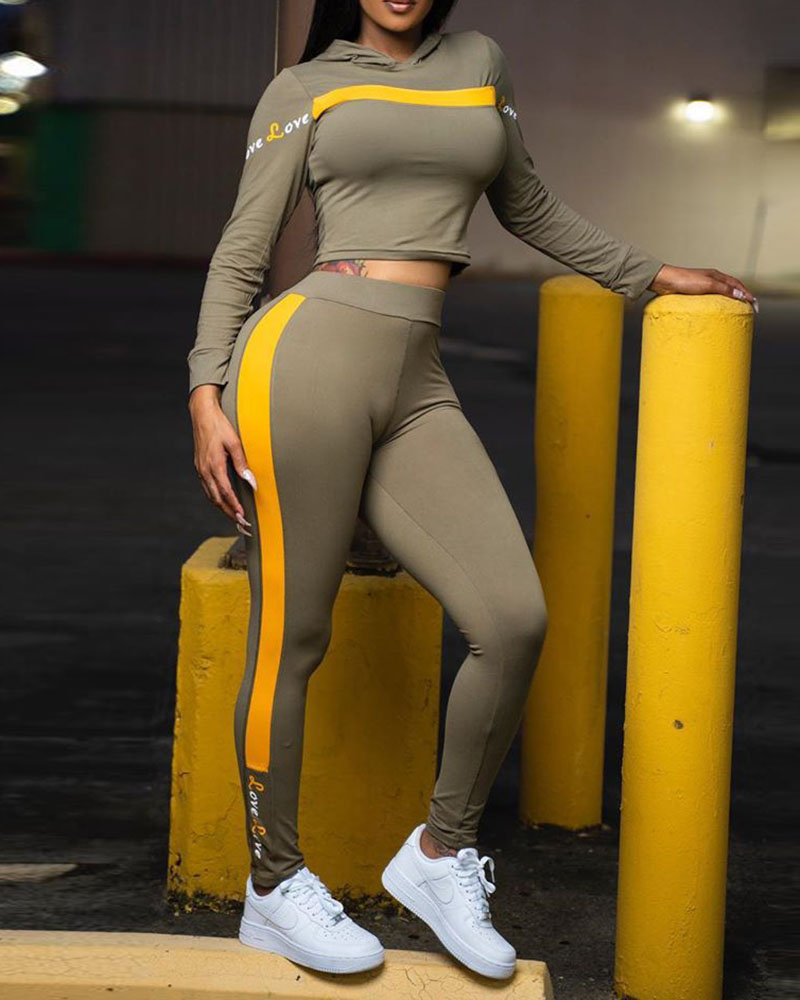 

Colorblock Long Sleeve Hooded Crop Top & High Waist Pants Set, Green