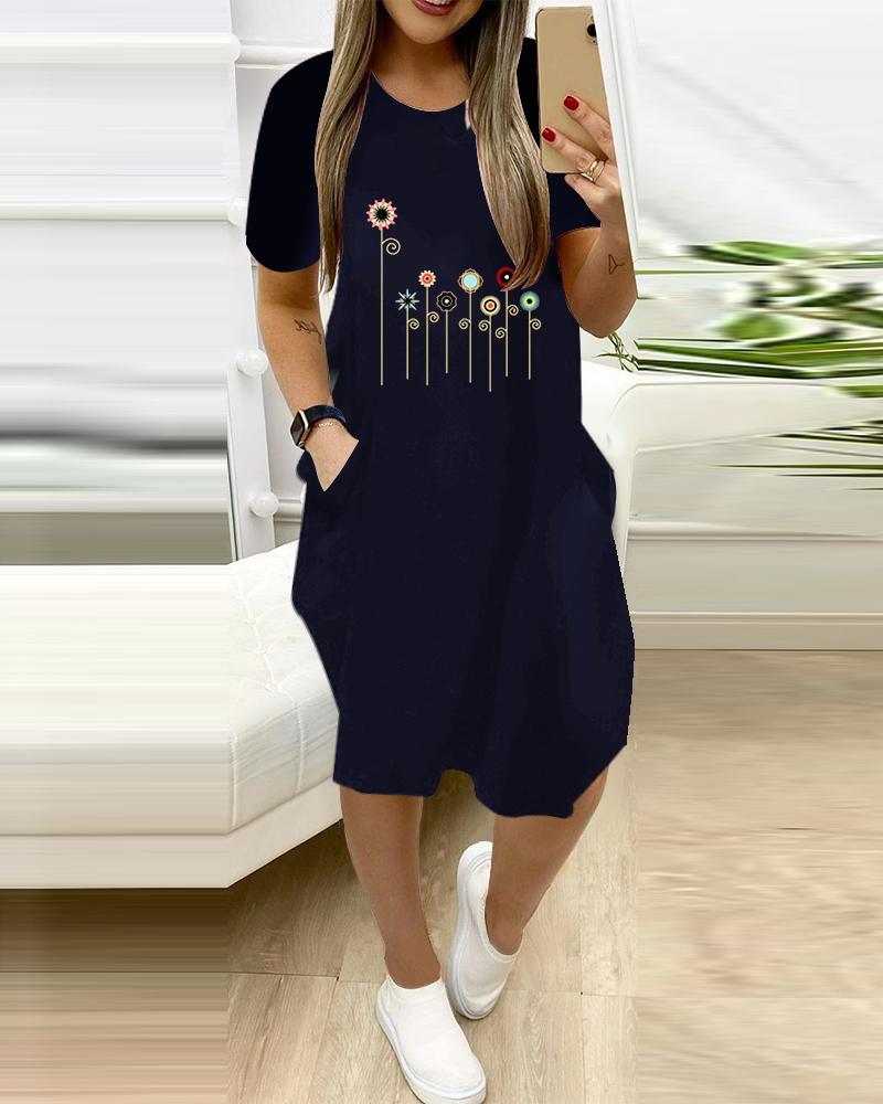 

Cartoon Flower Print Short Sleeve Midi Dress With Pockets, Purplish blue