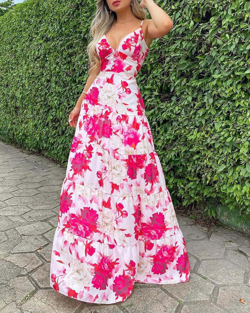 

Spaghetti Strap Floral Print Buttoned Maxi Dress, Hot pink