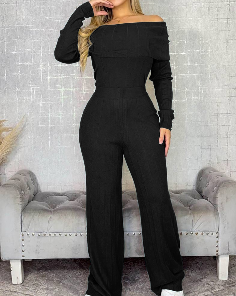 

2 Pieces Outfit Button Decor Foldover Off Shoulder Slim Fit Top and Elastic Waist Wide Leg Pants Set Casual Ribbed Set, Black