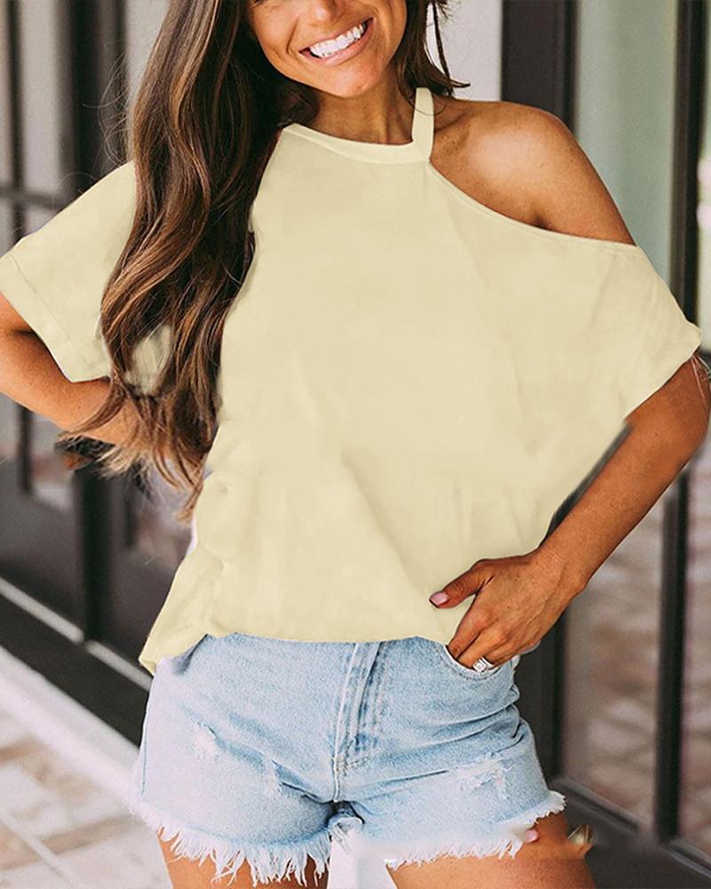 

Plain Cold Shoulder Casual T-shirt, Beige