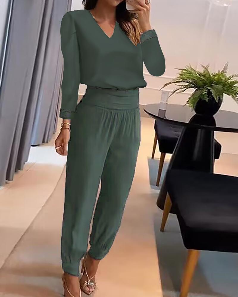 

V-Neck Top & High Waist Cuffed Pants Set, Green