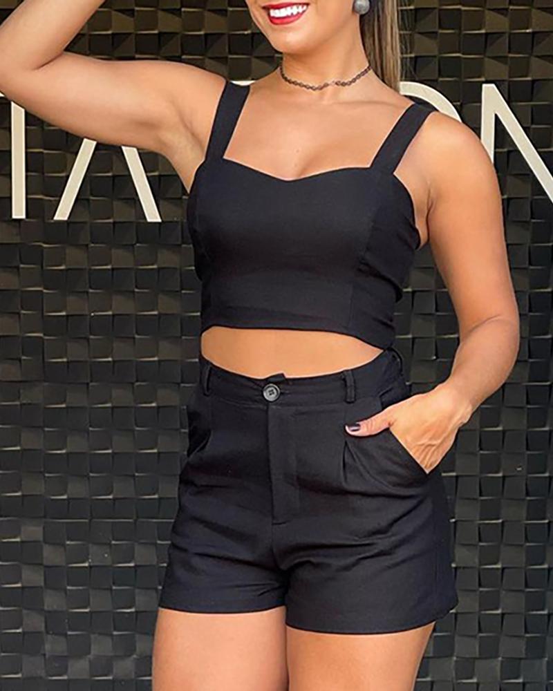 

Thick Strap Crop Top & Single Button Pocket Design Shorts Set, Black