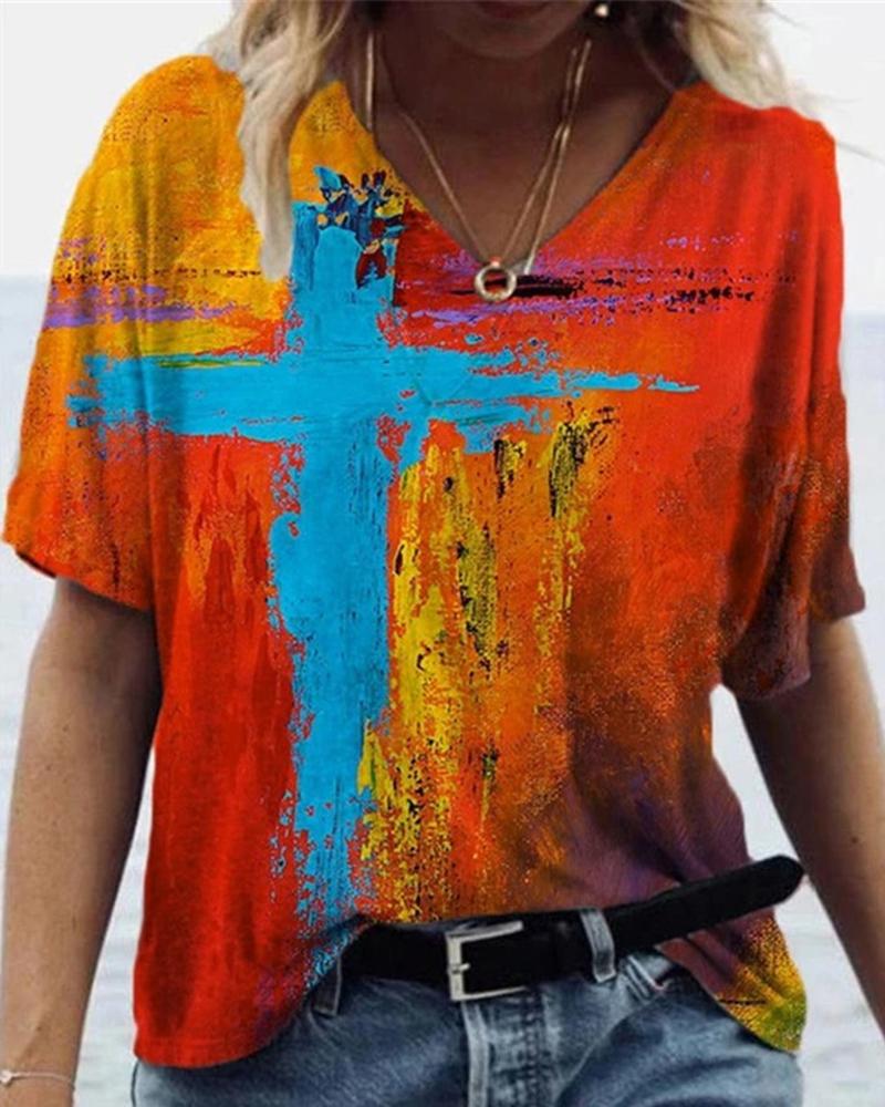 

Cross Print Colorblock Short Sleeve T-Shirt, Style2