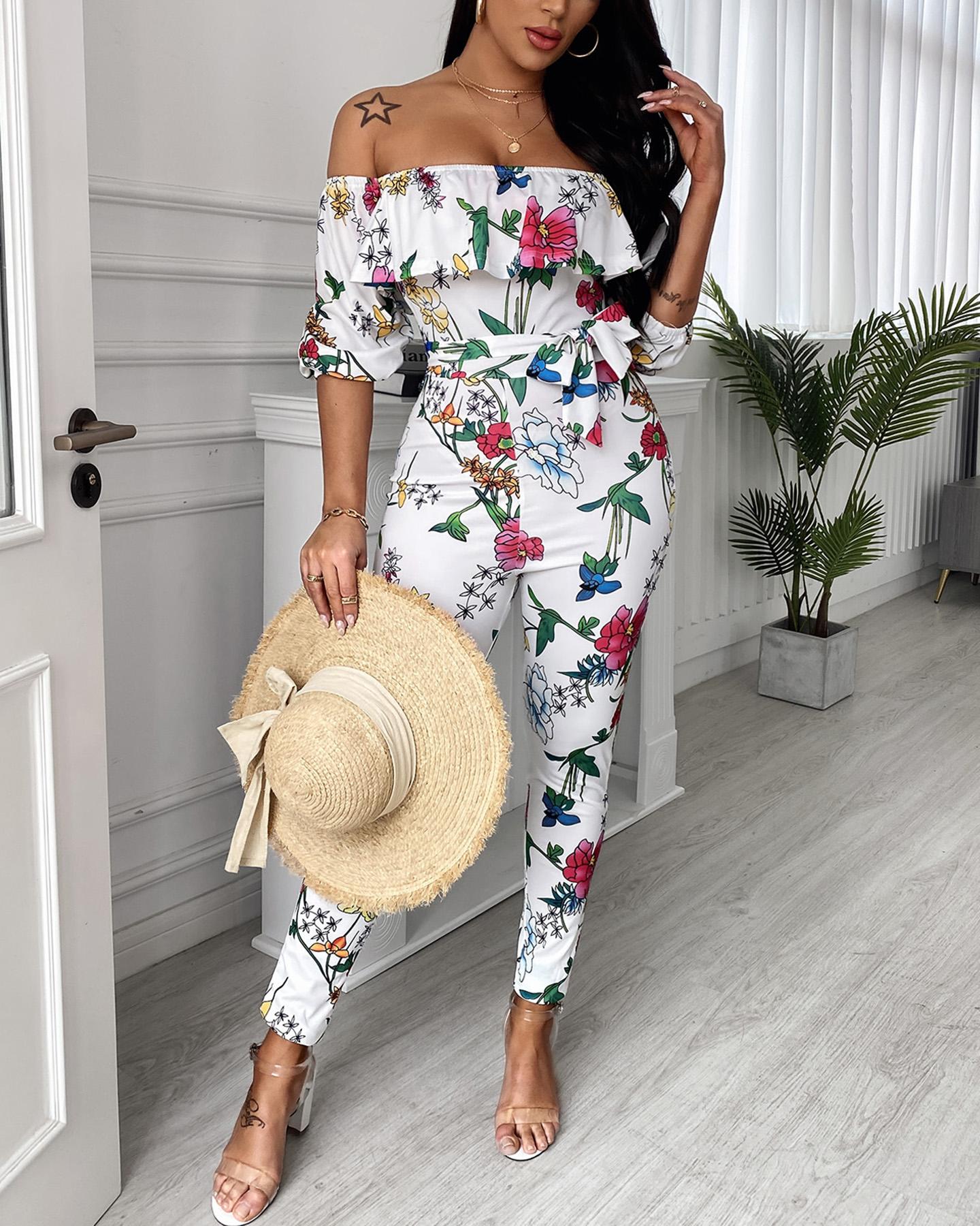 

Off Shoulder Floral Print Ruffles Hem Jumpsuit, White