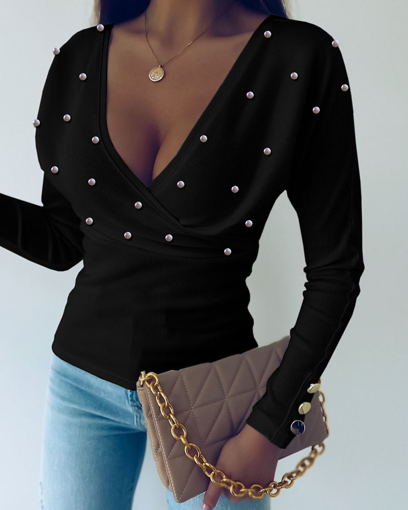 

Long Sleeve Beaded Decor Wrap Top, Black