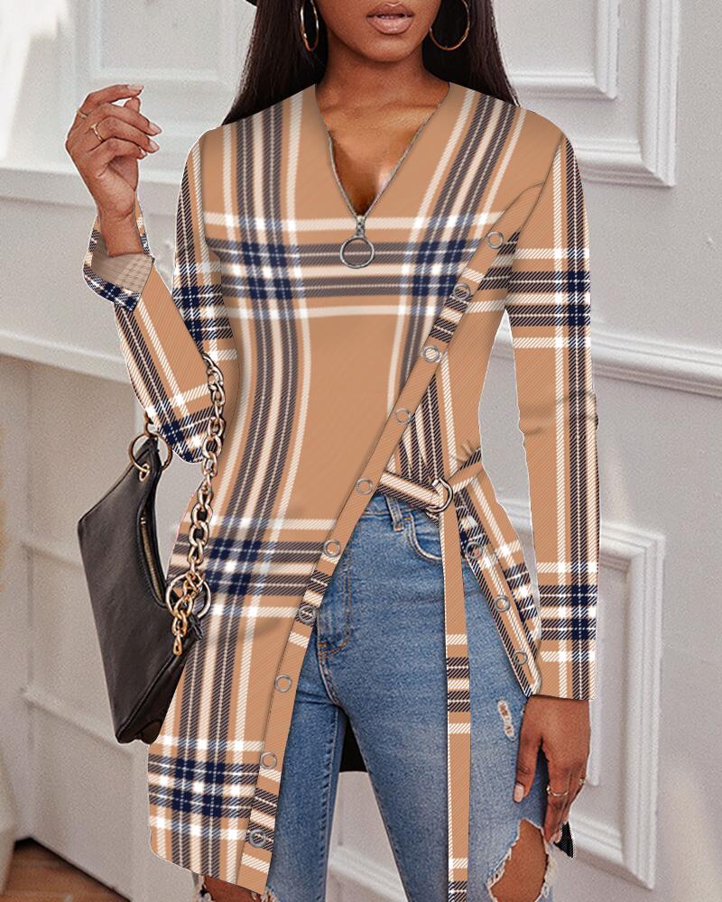 

Plaid Print High Split Zip Front Top, Khaki