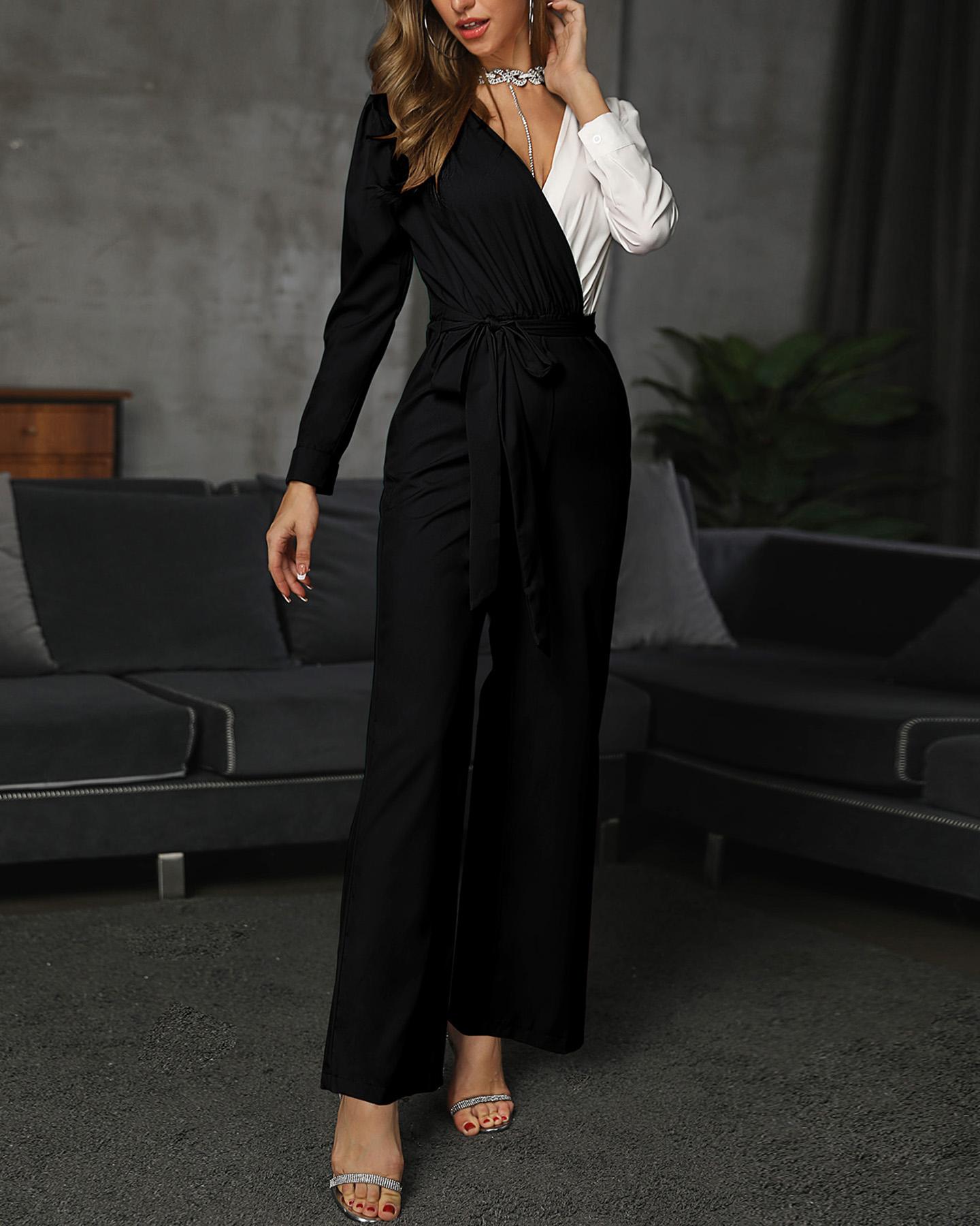 

V Neck Colorblock Long Sleeve Belted Casual Jumpsuit, Black