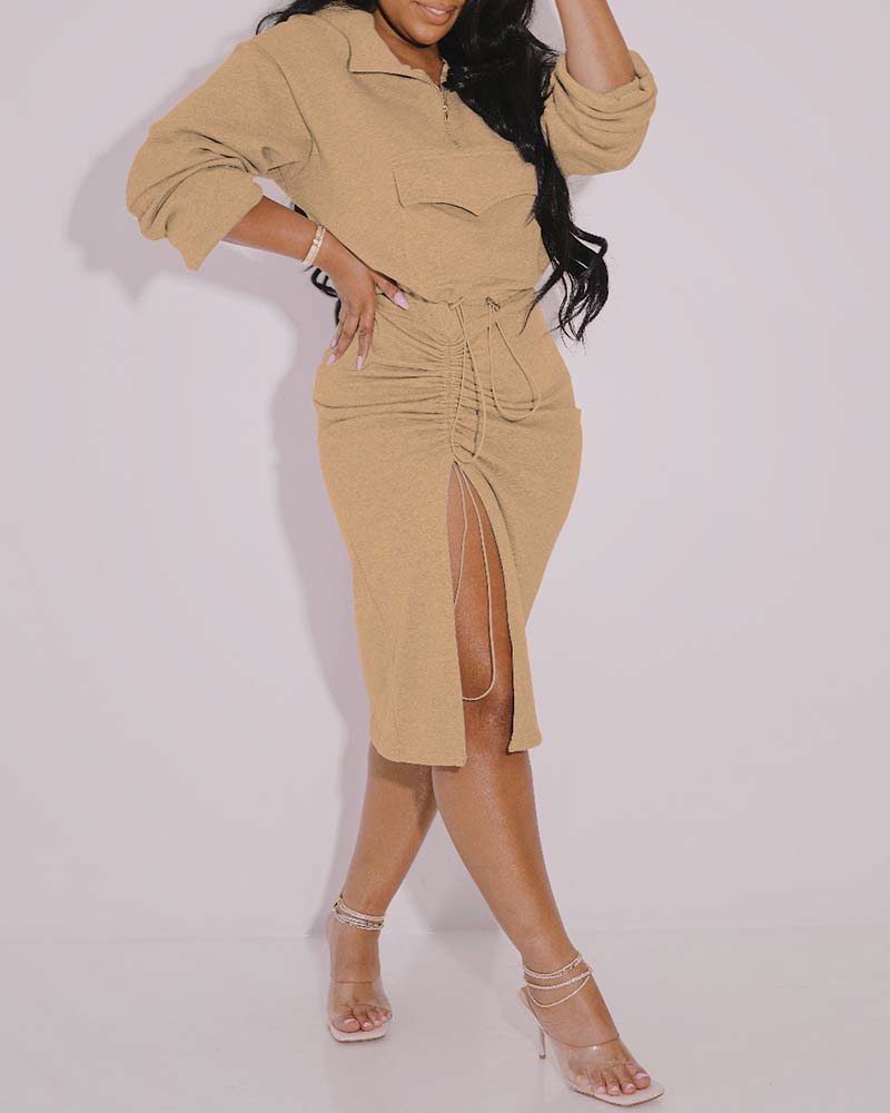 

Zipper Pocket Design Hooded Sweatshirt & Drawstring Skirt Set, Khaki