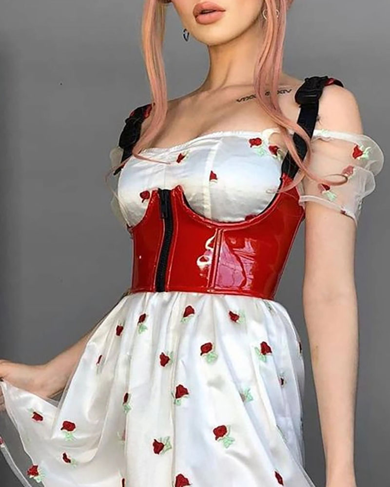 

PU Leather Zipper Design Corset Top, Red