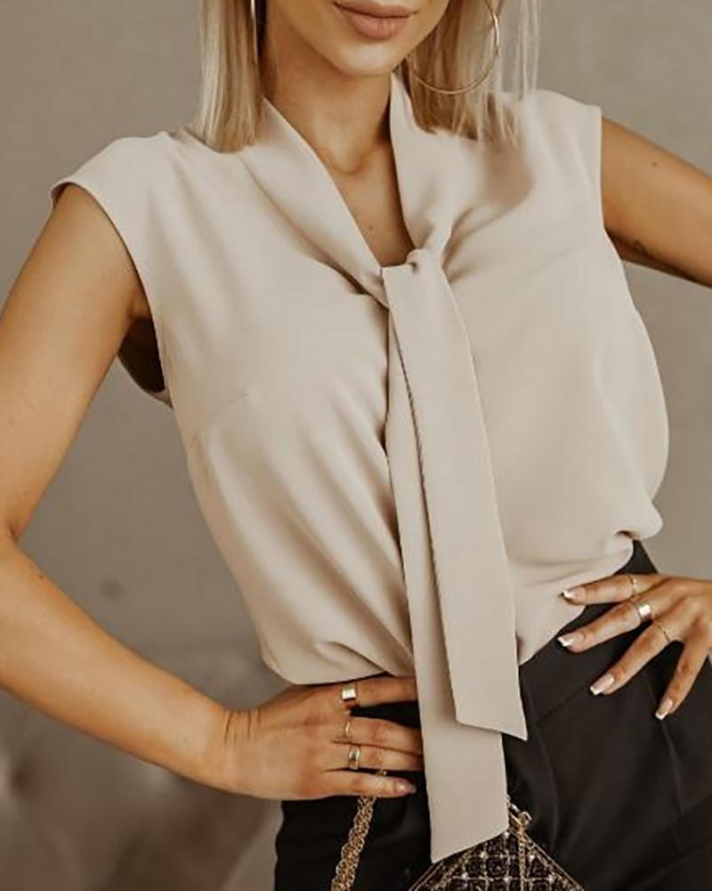 

Solid Color Tie Neck Sleeveless Shirt, Apricot