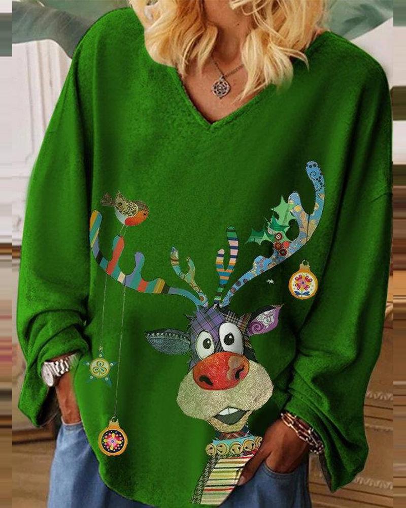 

Plus Size Christmas Elk Print Long Sleeve Casual Top, Green