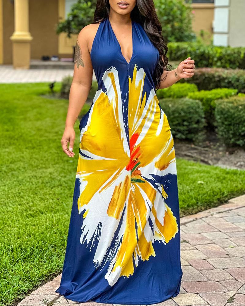 

Floral Print Halter Backless Maxi Dress, Dark blue