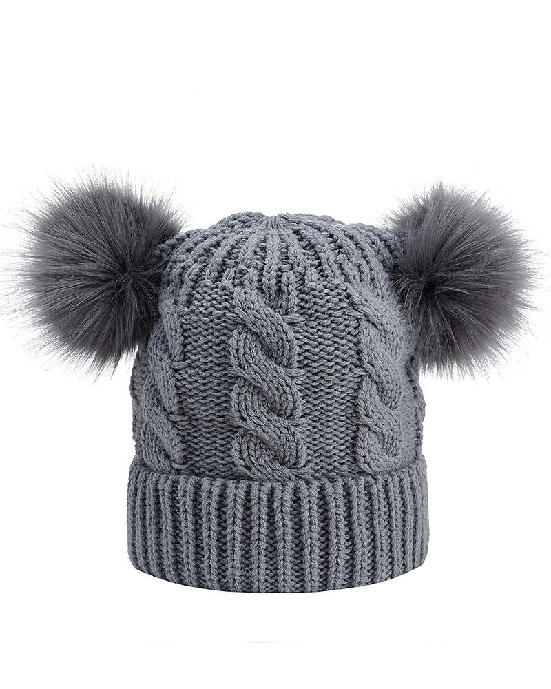 

Faux Fur Pom Pom Ears Knit Beanie Winter Hat, Gray