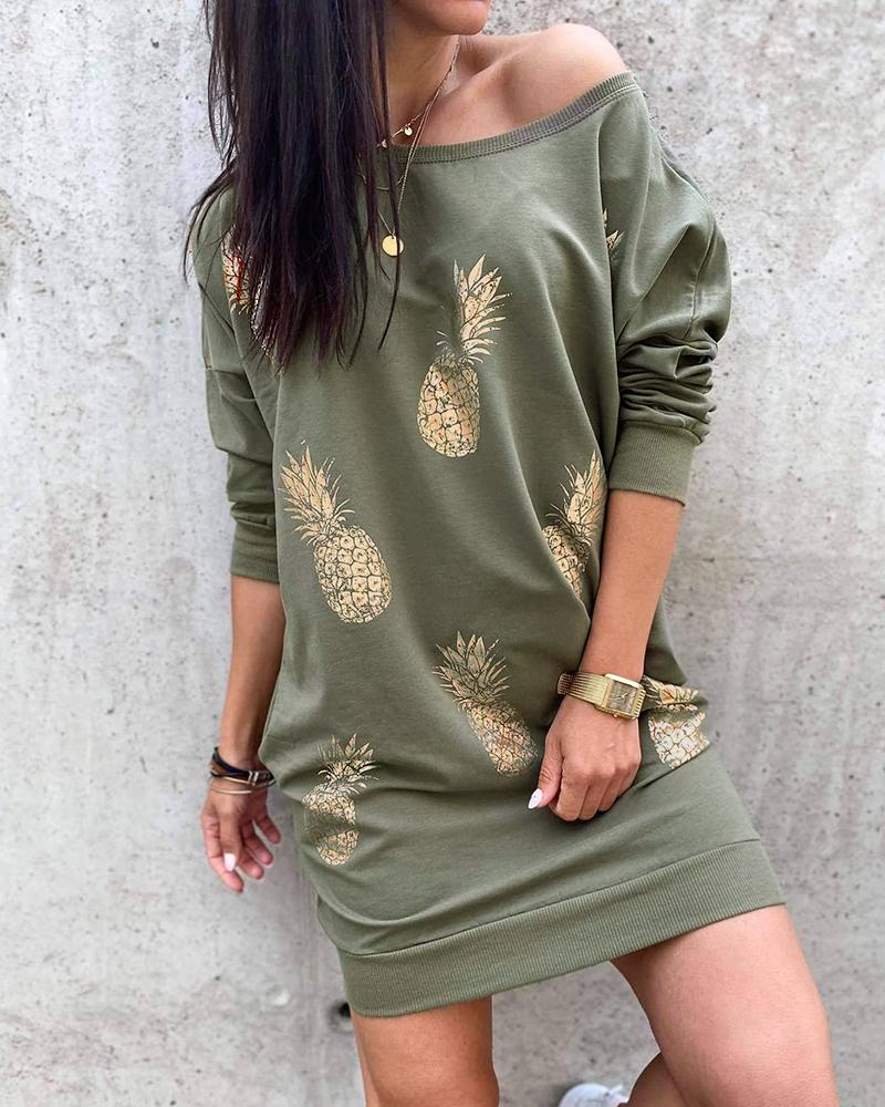 

Pineapple Print Long Sleeve Casual Dress, Army green