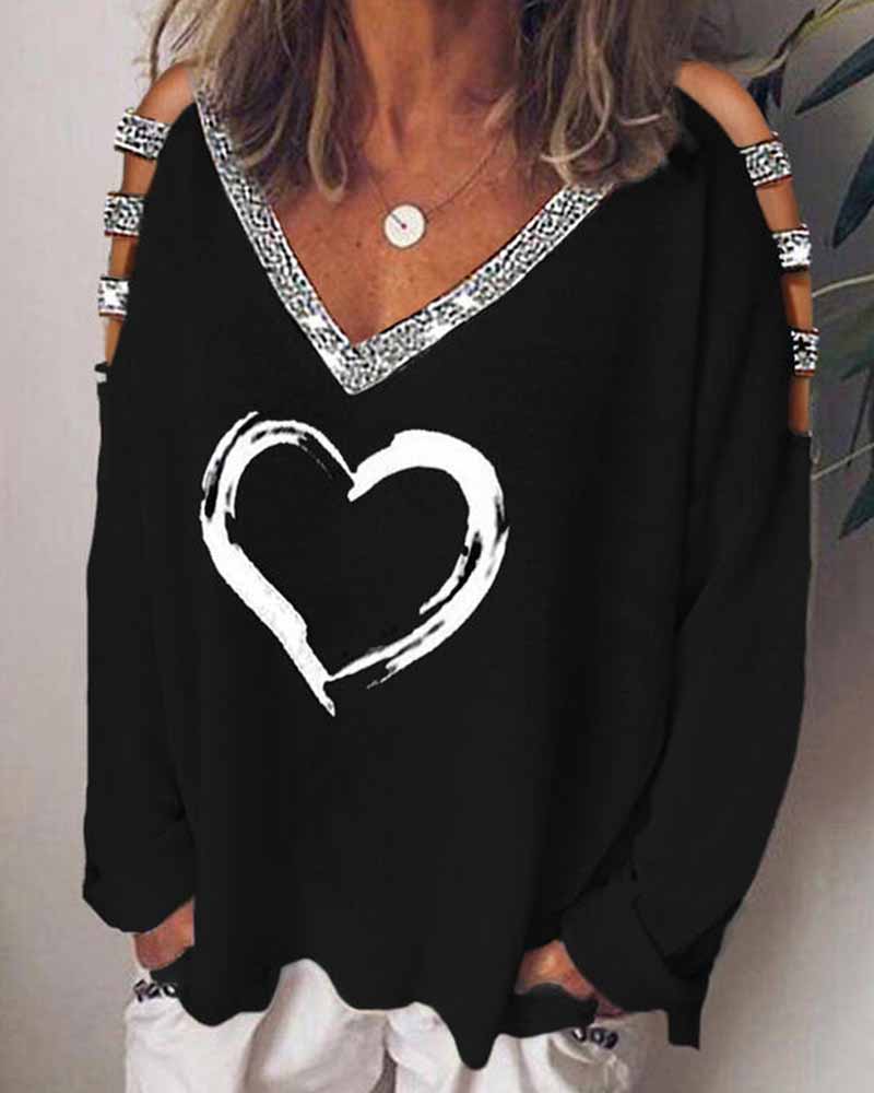 

Glitter Heart Print Long Sleeve Loose T-shirts, Black
