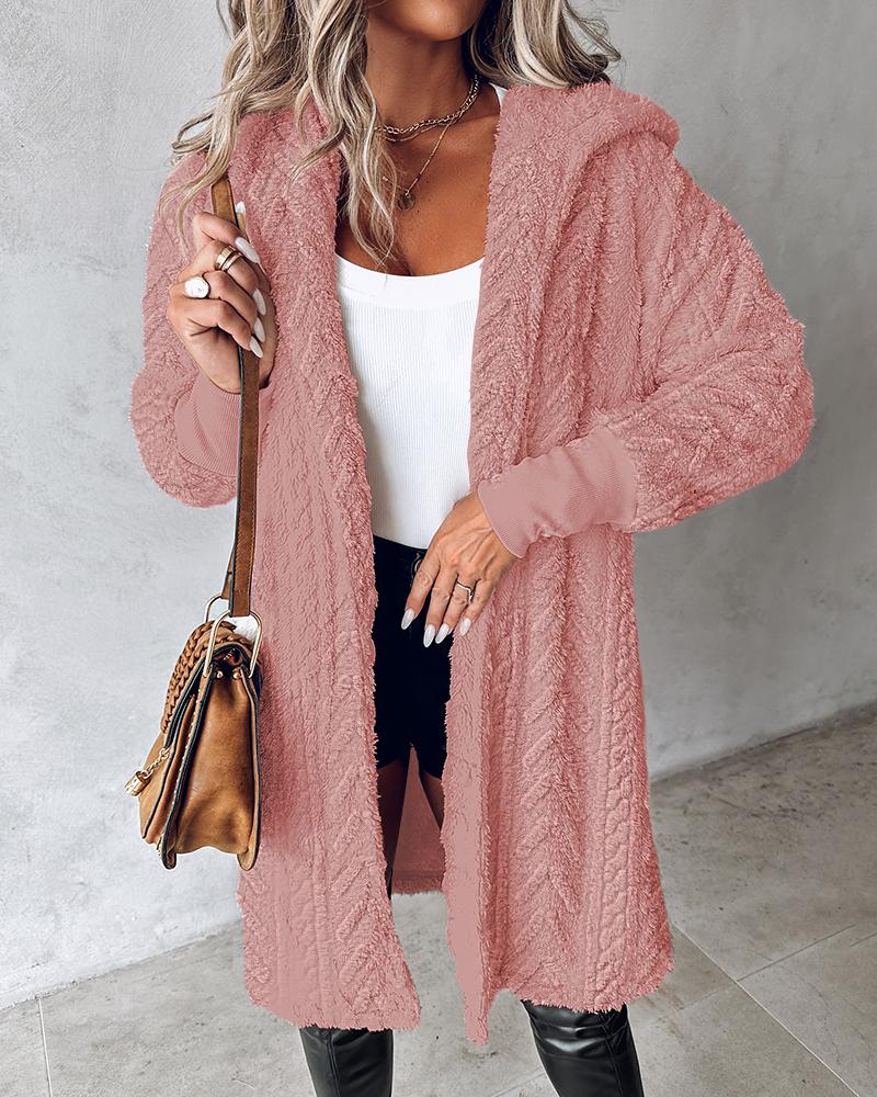 Fuzzy Textured Hooded Longline Fleece Coat