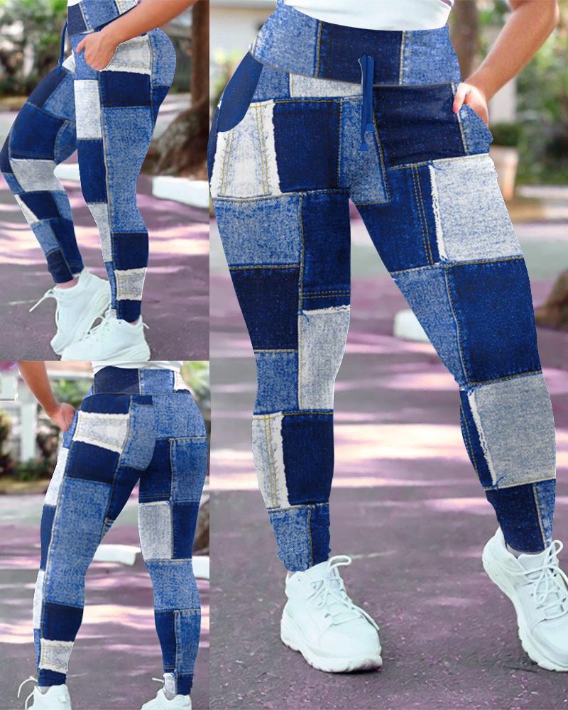 

Denim Look Print High Waist Drawstring Pants, Blue