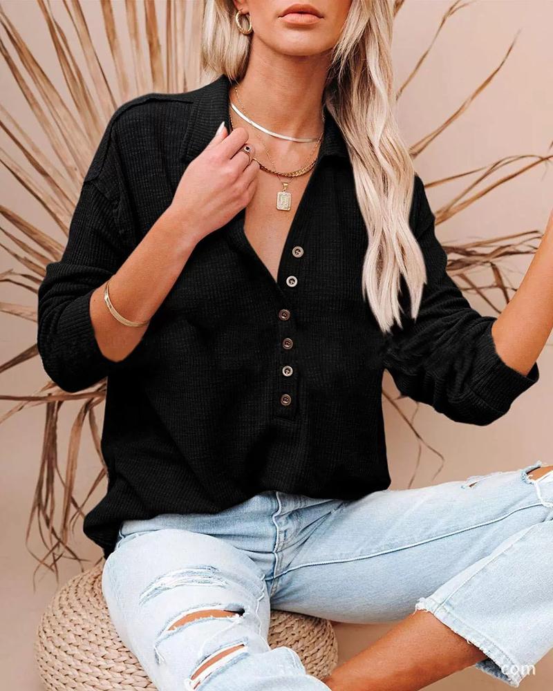 

V Neck Long Sleeve Button Design Top, Black