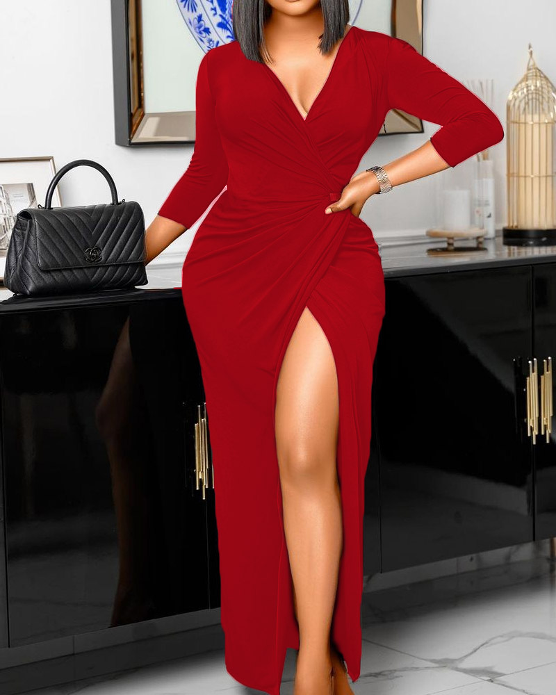 Long Sleeve High Slit Wrap Maxi Dress