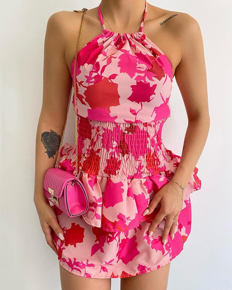

Shirred Ruffles Halter Backless Floral Print Dress, Hot pink