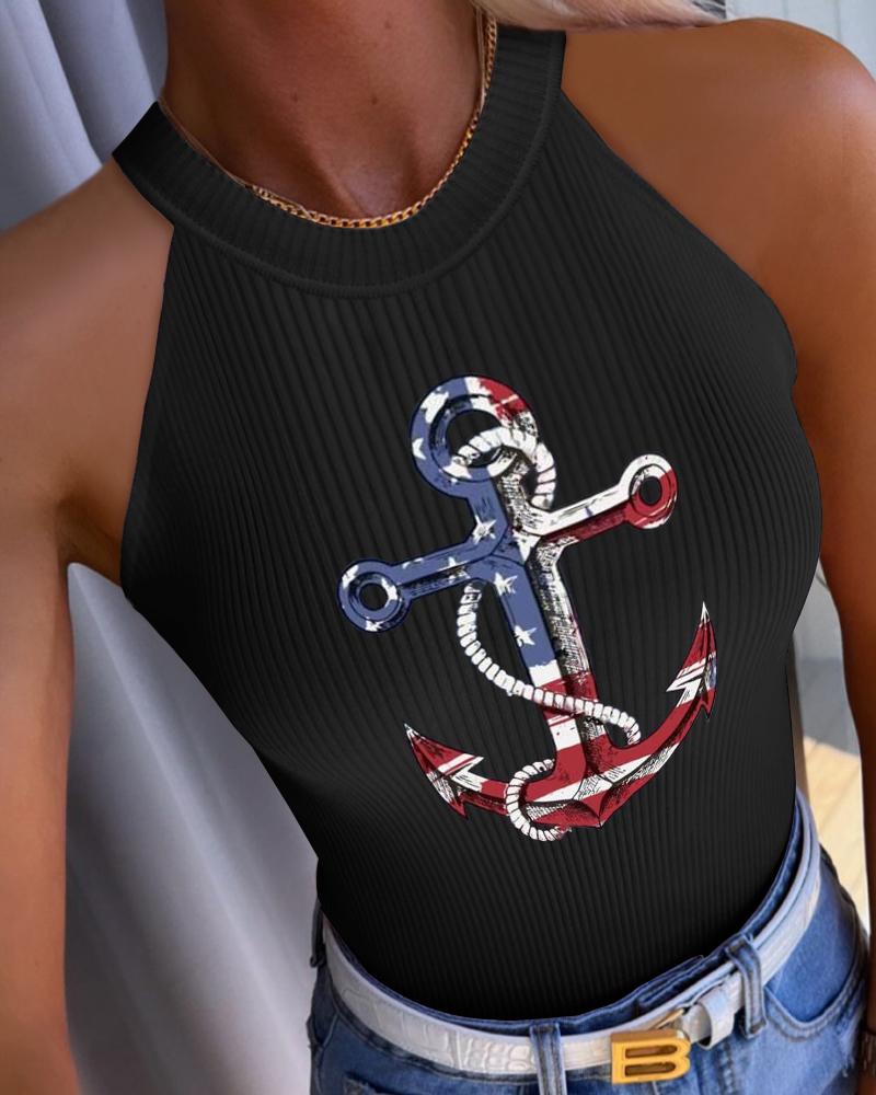 

Independence Day Anchor Flag Print O-Neck Tank Top, Black