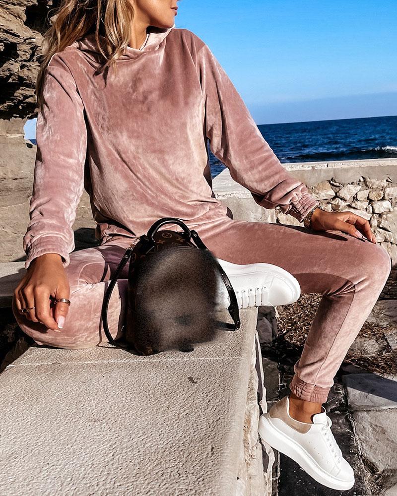 

Long Sleeve Velvet Hooded Top & Pocket Design Pants Set, Pink