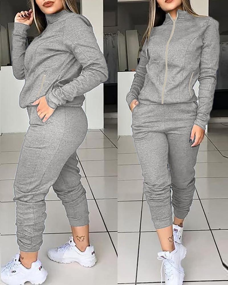 

Zipper Design Top & Pocket Design Pants Set, Gray
