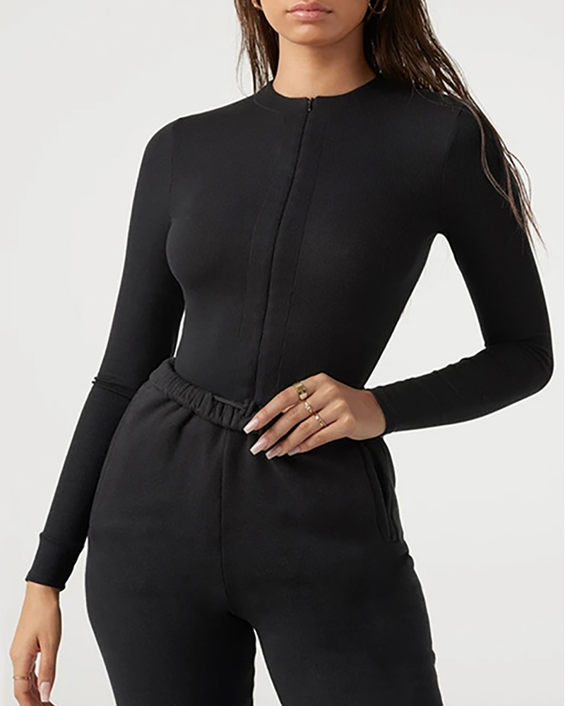 

Zipper Design Long Sleeve Bodysuit, Black