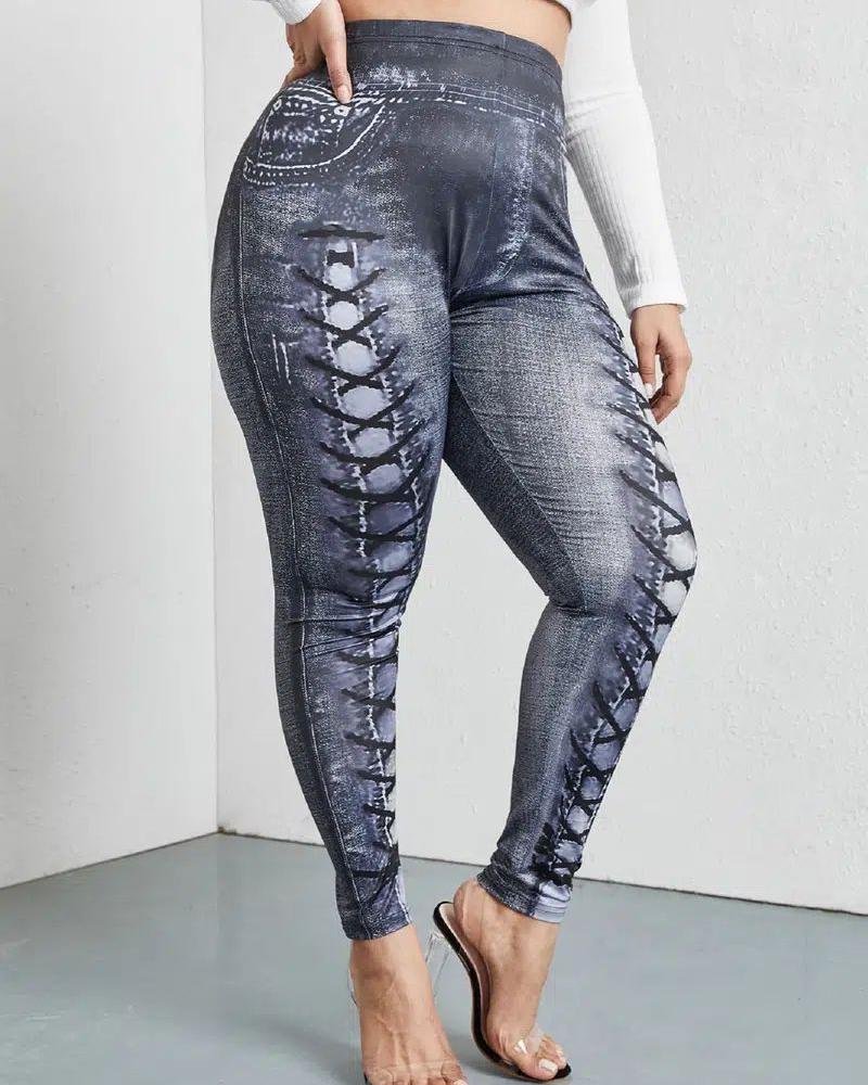 

Plus Size Faux Denim Printed High Waist Leggings, Gray