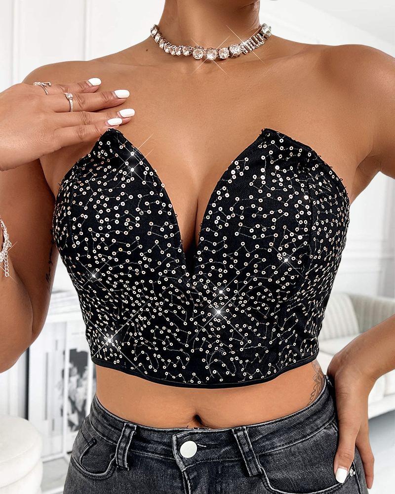 

Contrast Sequin Bandeau Crop Top, Black