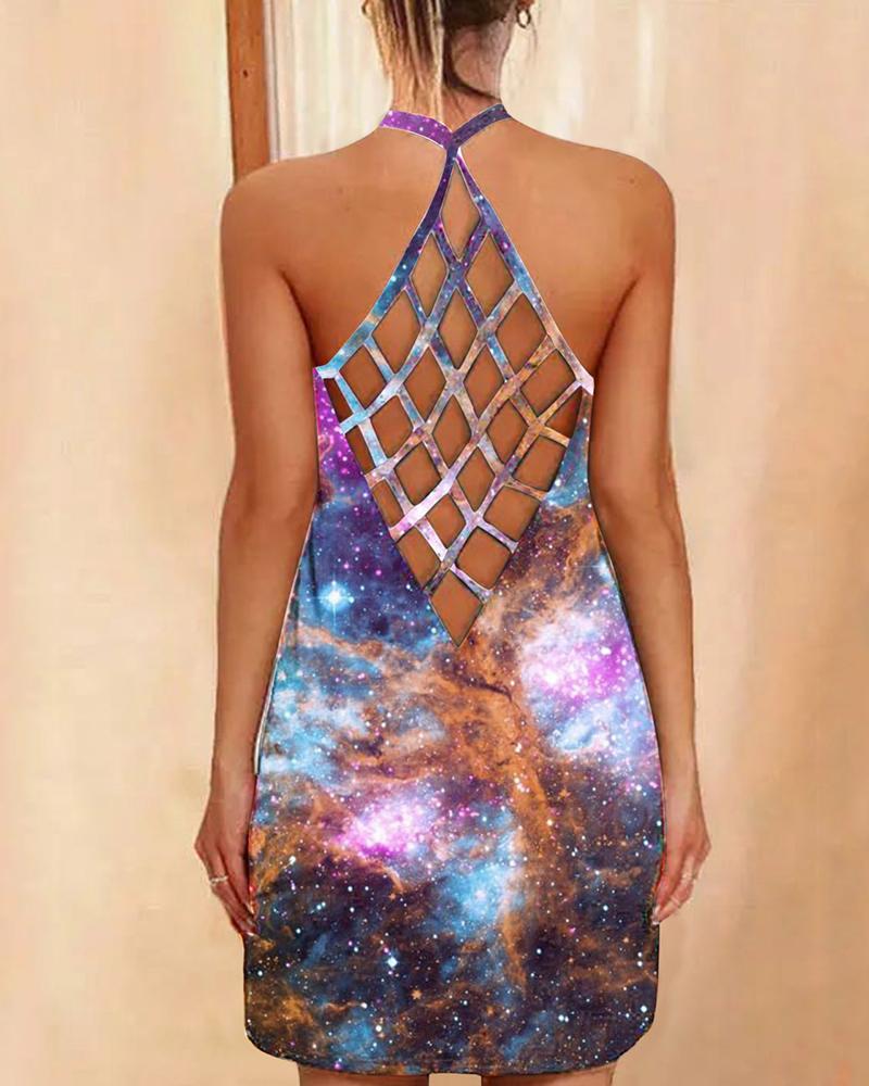 

Tie Dye Print Halter Sleeveless Hollow Out Backless Dress, Light purple
