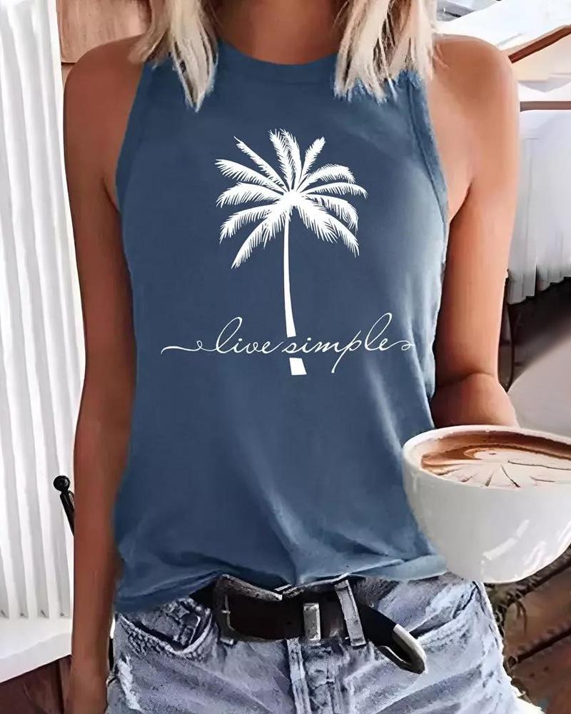 

Plus Size Coconut Tree Letter Print Sleeveless Tank Top, Blue