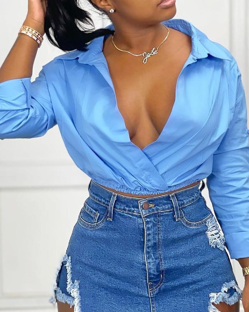 

Ruched Long Sleeve Crop Shirt, Blue
