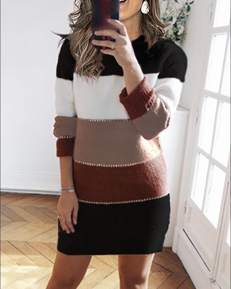 

Striped Print Long Sleeve Knit Sweater Dress, Brown