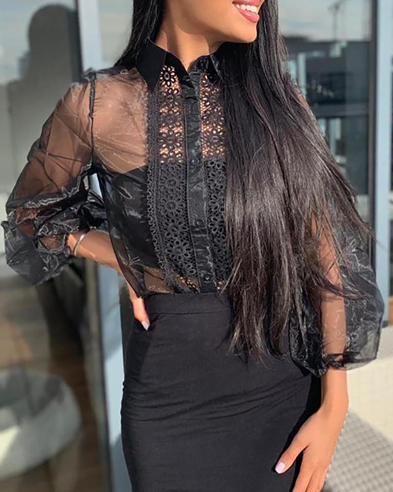 

Turn-down Collar Lantern Sleeve Sheer Mesh Crochet Lace Shirt, Black