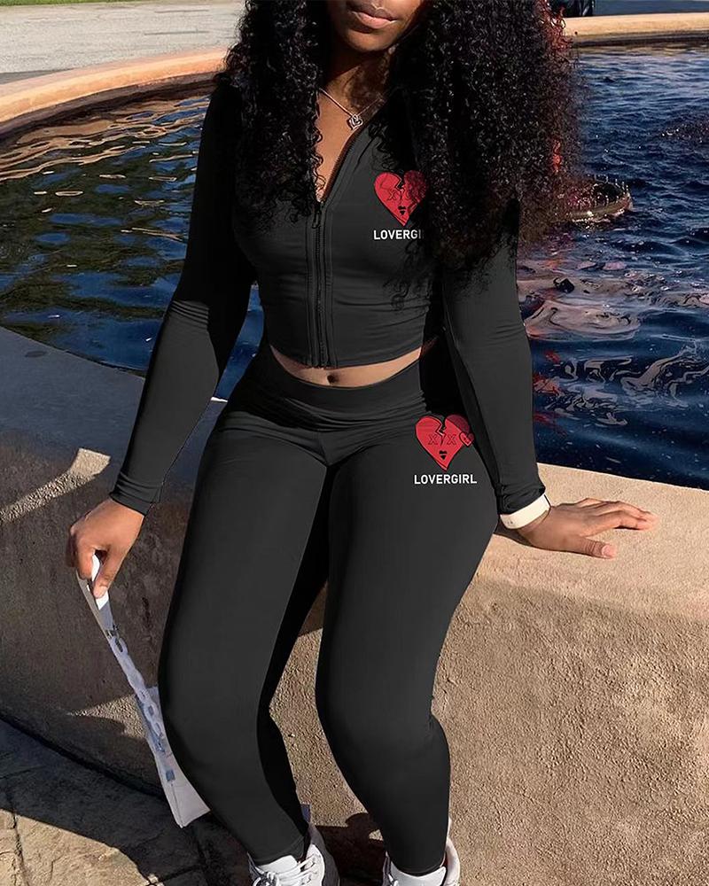 

Heart Pattern Crop Top & High Waist Pants Set, Black