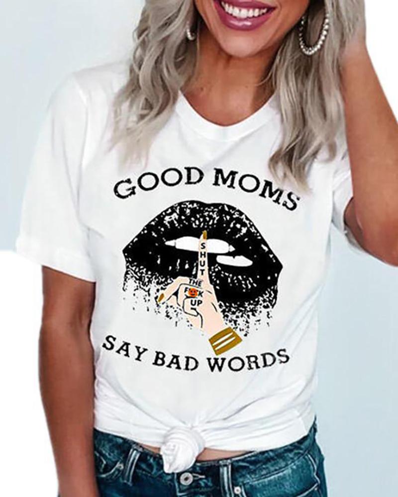 

Round Neck Lip Letter Slogan Print Cotton Basic Top, White