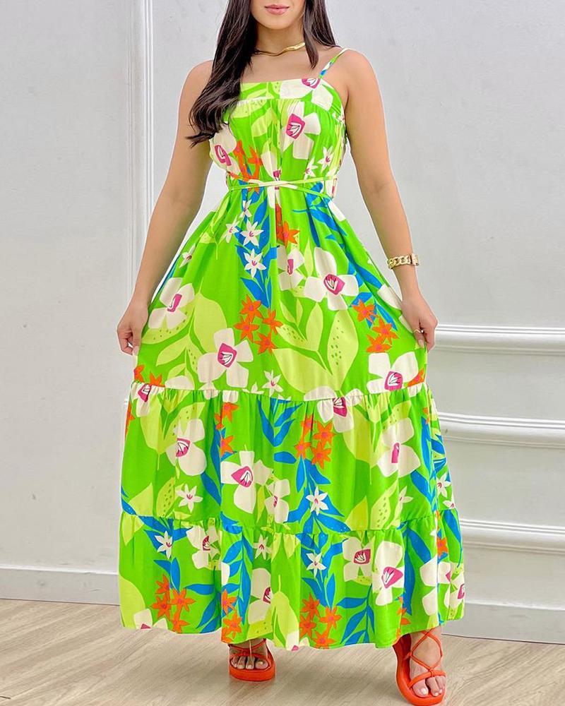 

Floral Print Ruffle Hem Smock Dress, Green