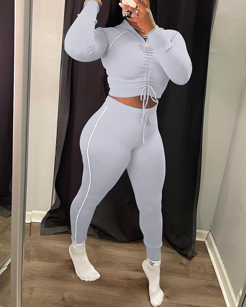

Ruched Drawstring Long Sleeve Top & High Waist Pants Set, Gray