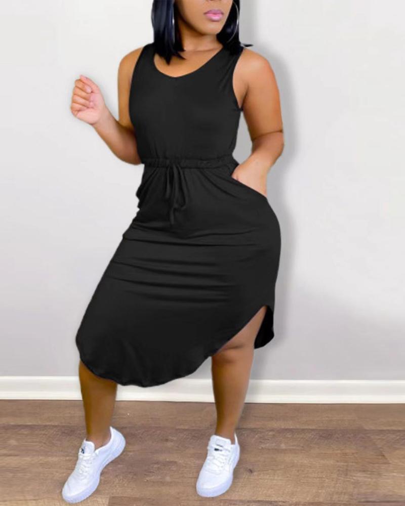 

Plus Size Sleeveless Curved Hem Drawstring Casual Dress, Black