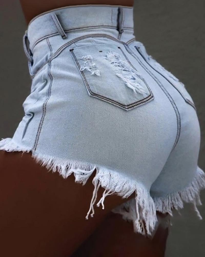 

Distressed Fringe Hem Pockets Casual Denim Shorts, Lighted blue