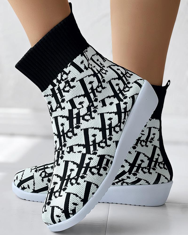 Letter Pattern Colorblock Fly Knit Ankle Boots