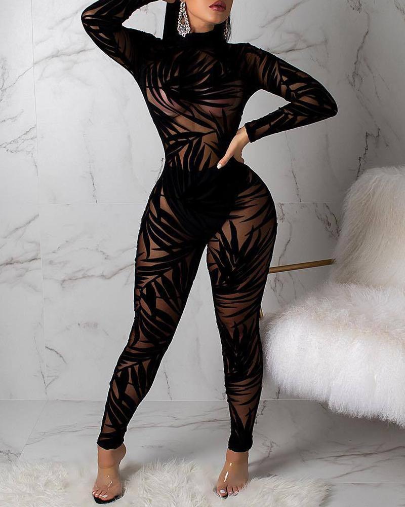 

Leaves Pattern Sheer Mesh Long Sleeve Jumpsuit, Black