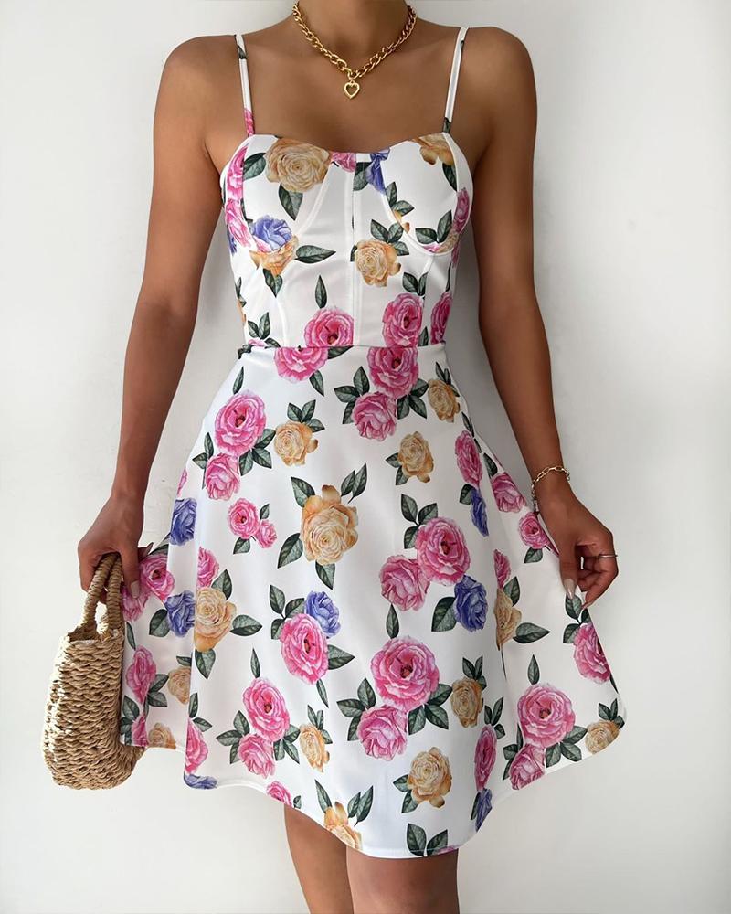 

Spaghetti Strap Floral Print Corset Dress, White