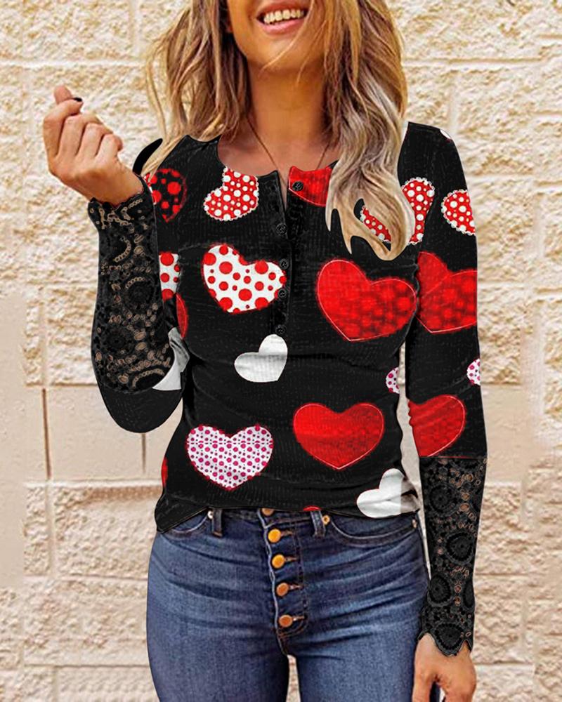 

Heart Print Button Decor Crochet Lace Top, Style5